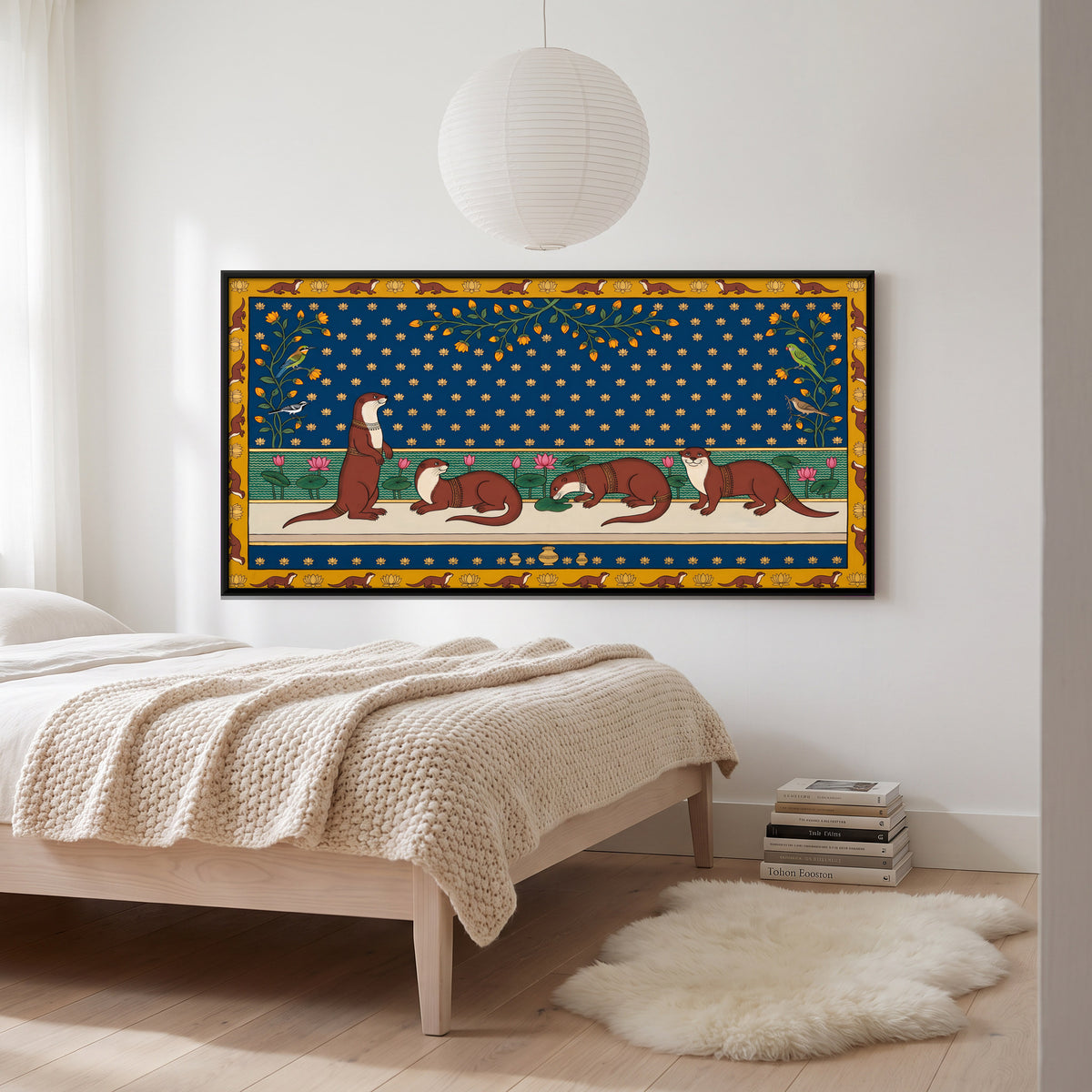 Otters by a Lotus Pond - canvas art shown in a styled room