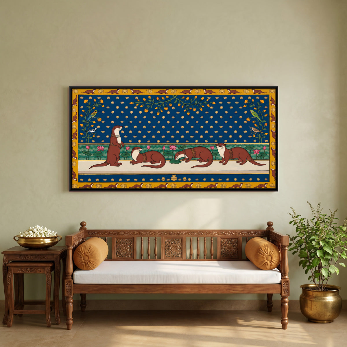 Otters by a Lotus Pond - canvas art shown in a second room setting