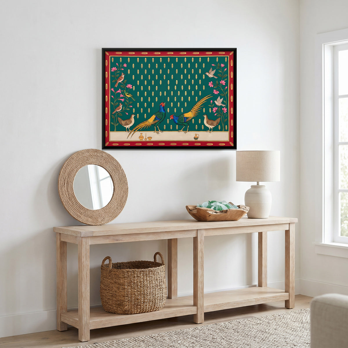 Jungle Fowl - canvas art shown in a second room setting