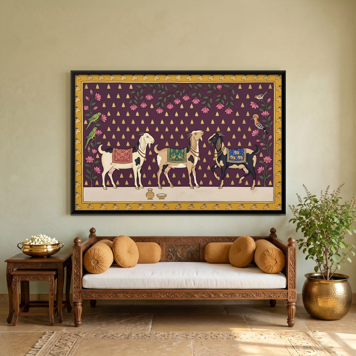 Three Goats - canvas art shown in a styled room