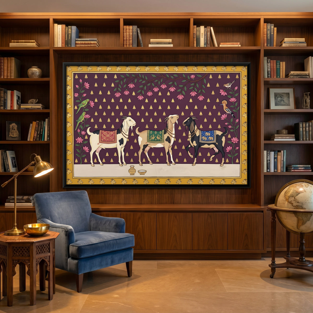 Three Goats - canvas art shown in a second room setting
