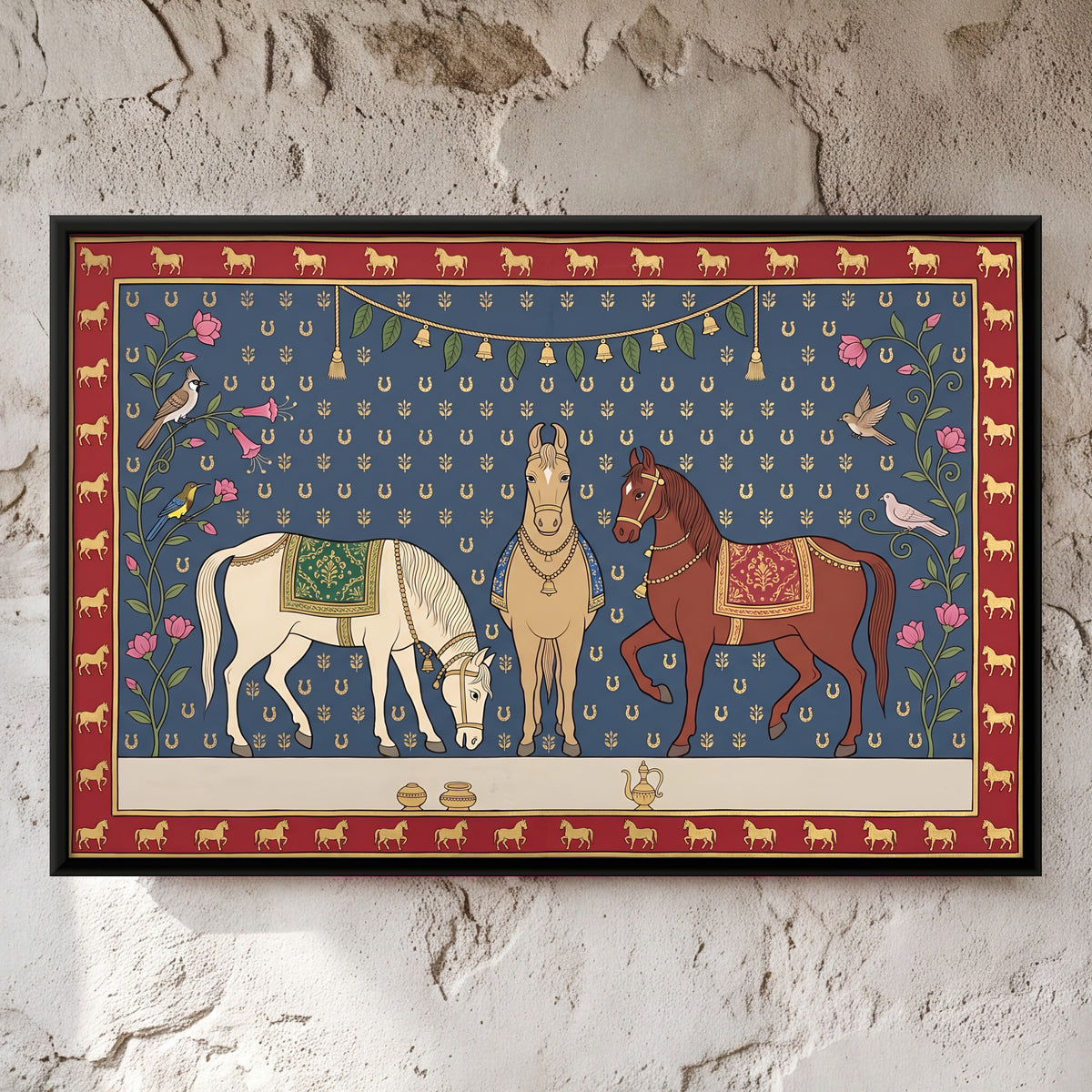 Three Marwari Horses - framed canvas art hung on a wall