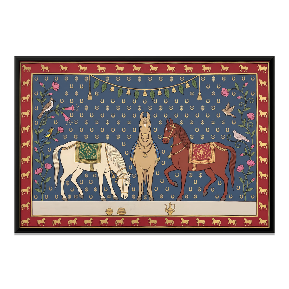Three Marwari Horses - framed canvas print, front view
