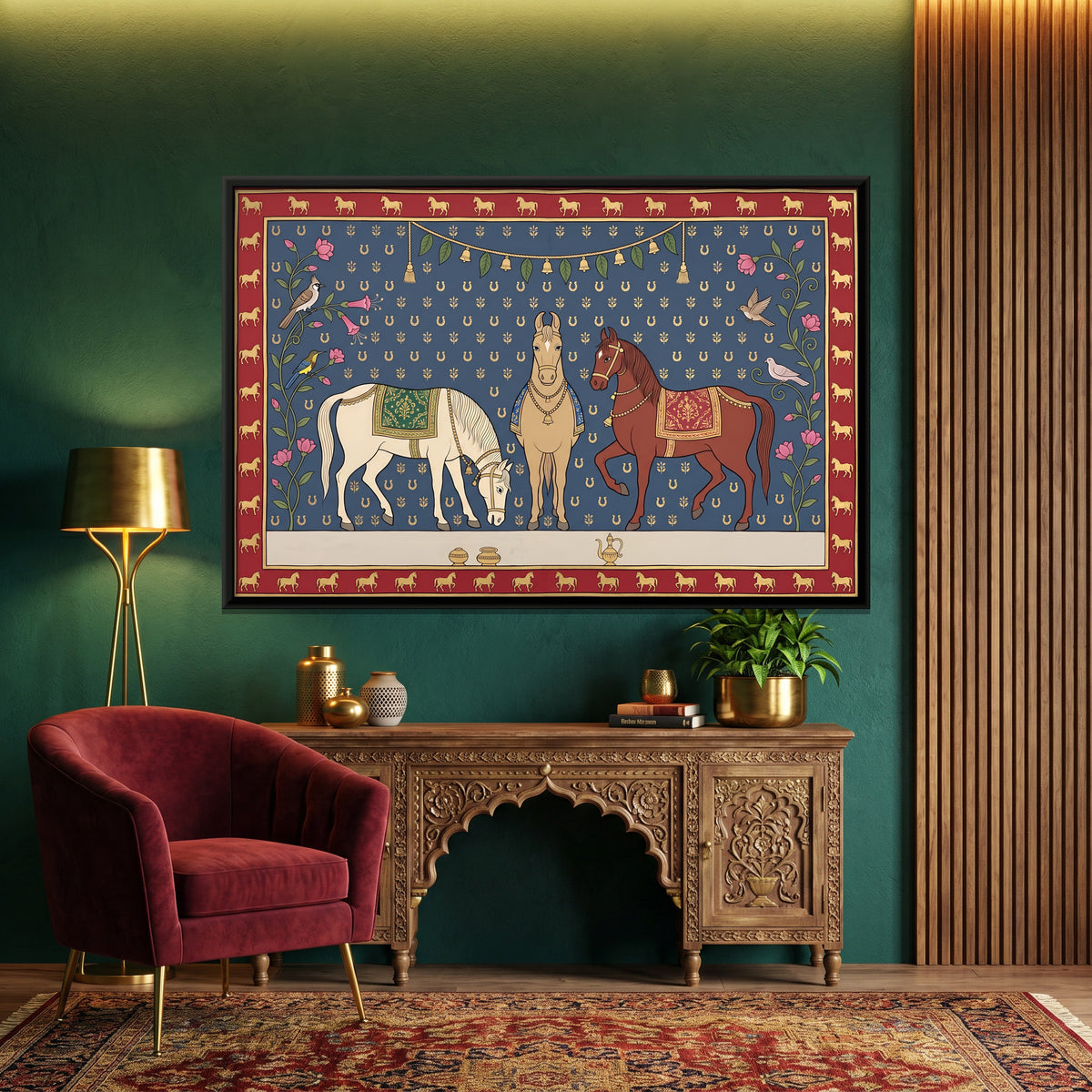 Three Marwari Horses - canvas art shown in a styled room