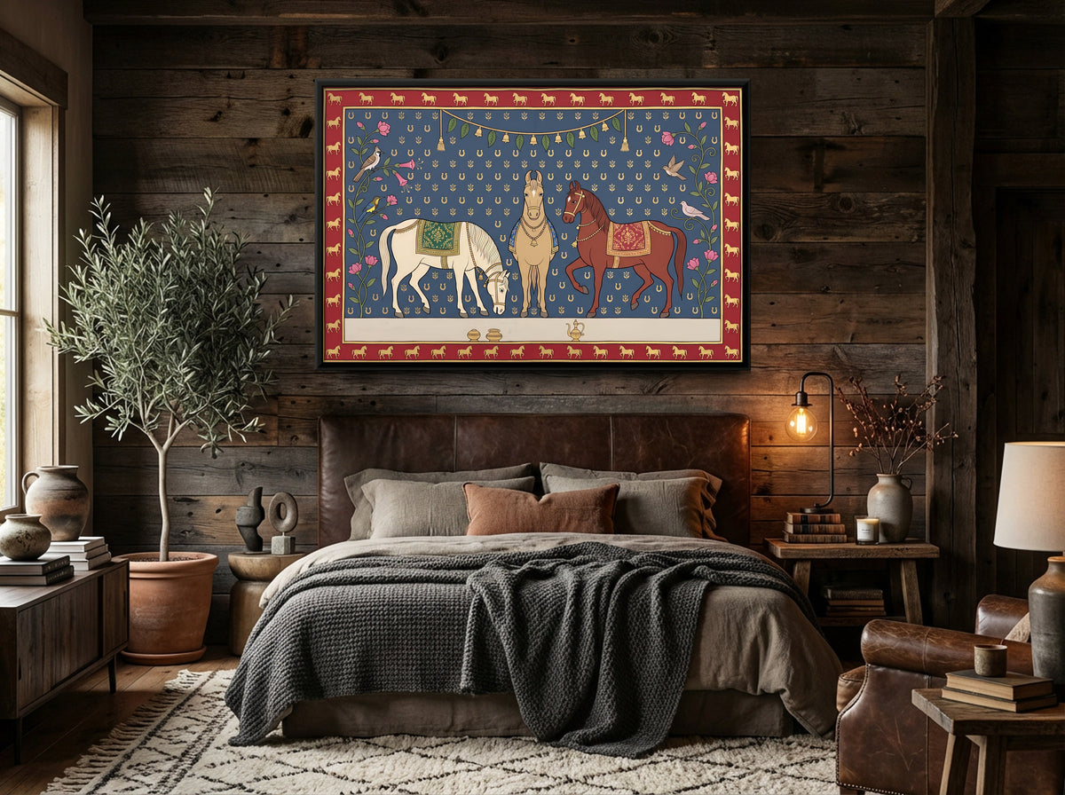 Three Marwari Horses - canvas art shown in a second room setting