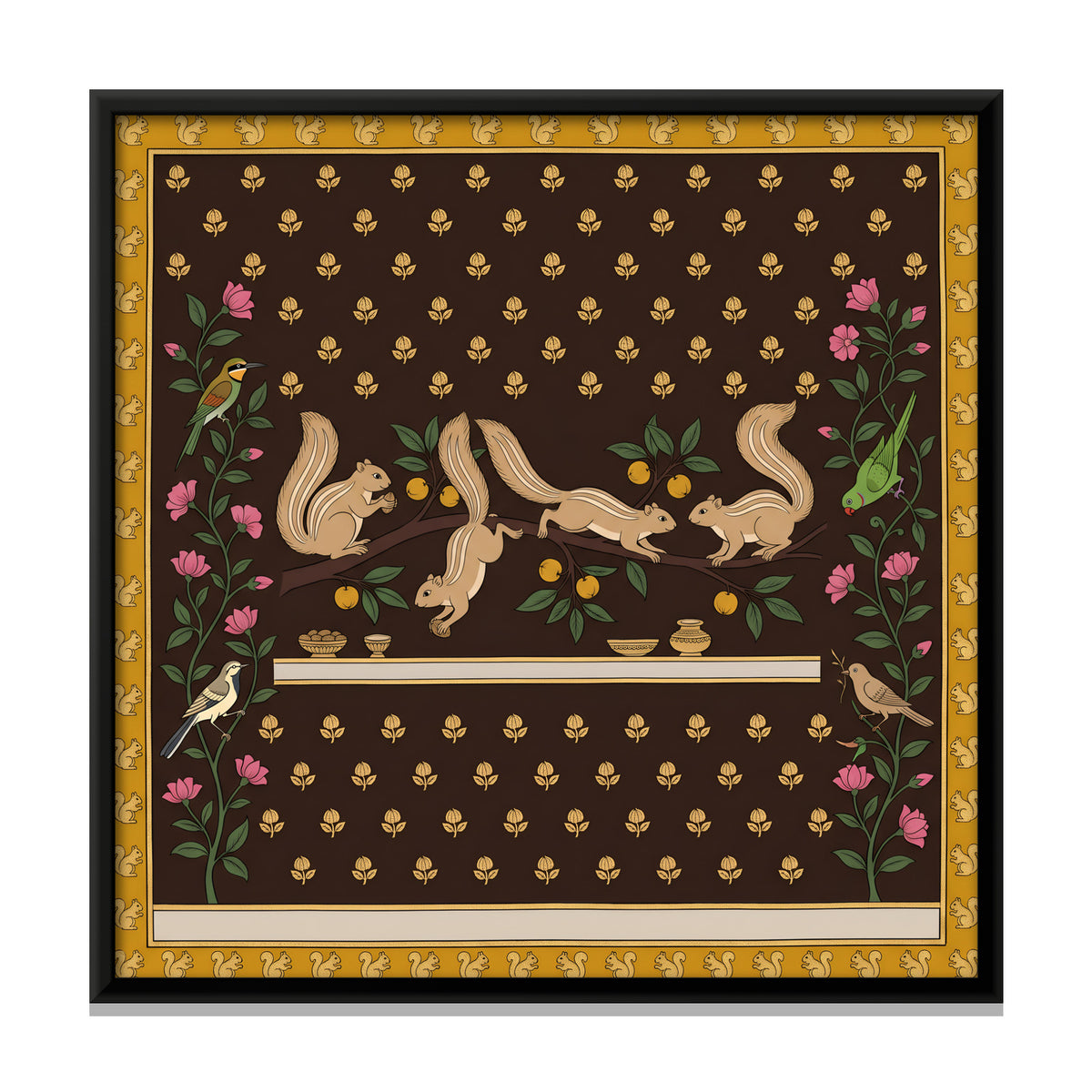 Squirrels on a Fruiting Branch - framed canvas print, front view