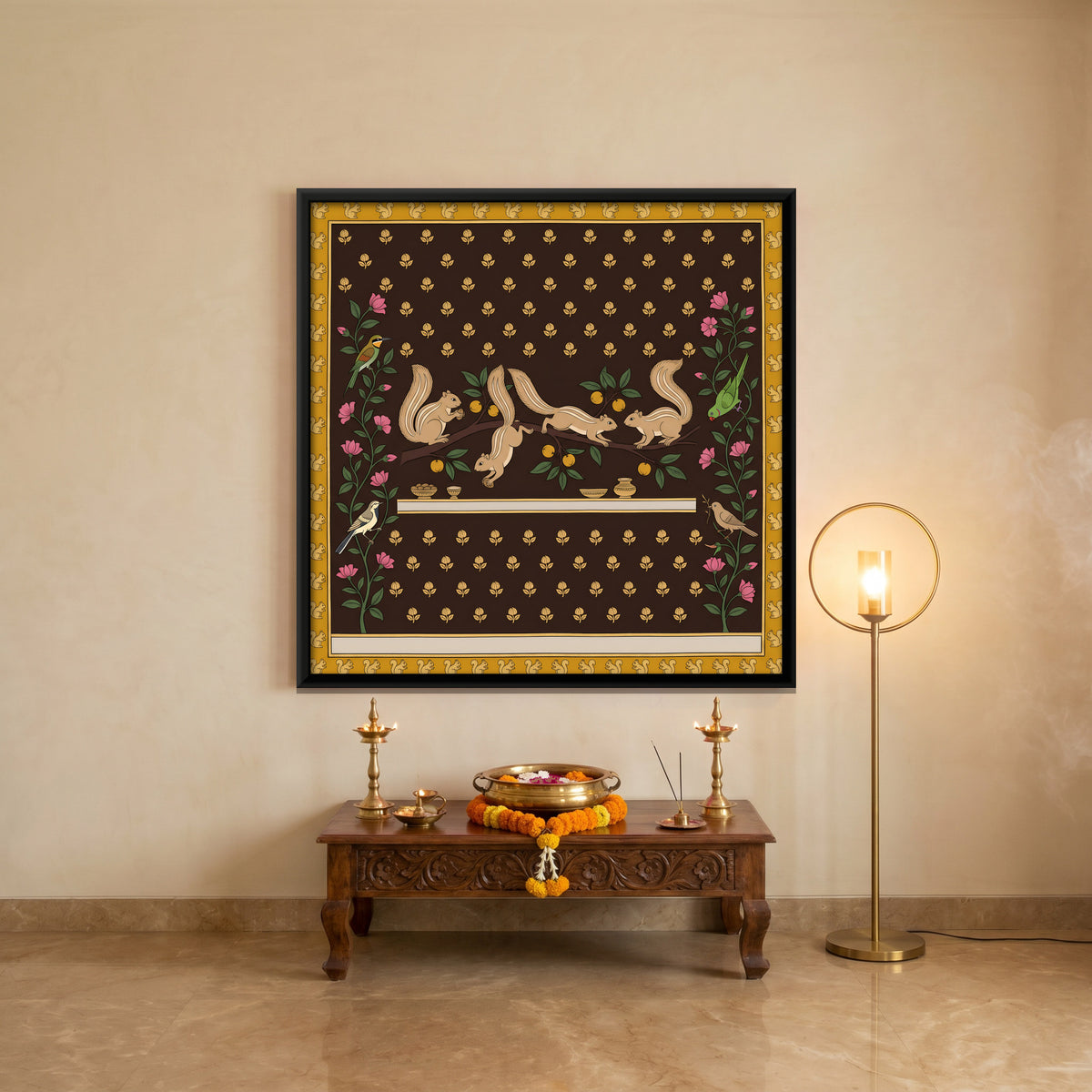 Squirrels on a Fruiting Branch - canvas art shown in a styled room