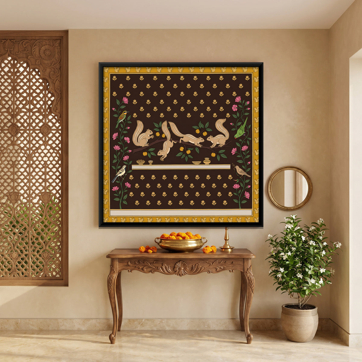 Squirrels on a Fruiting Branch - canvas art shown in a second room setting