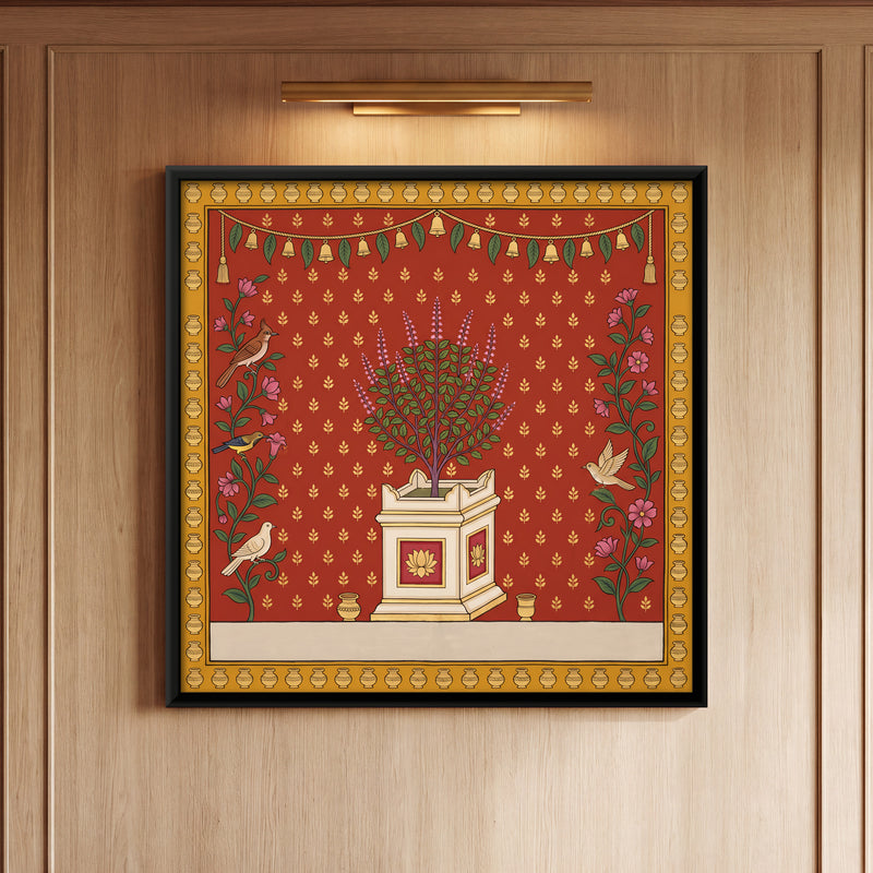 Tulsi Plant in a Shrine - framed canvas art hung on a wall