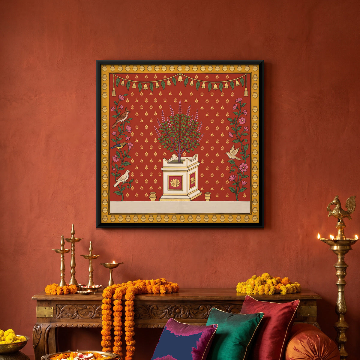 Tulsi Plant in a Shrine - canvas art shown in a styled room