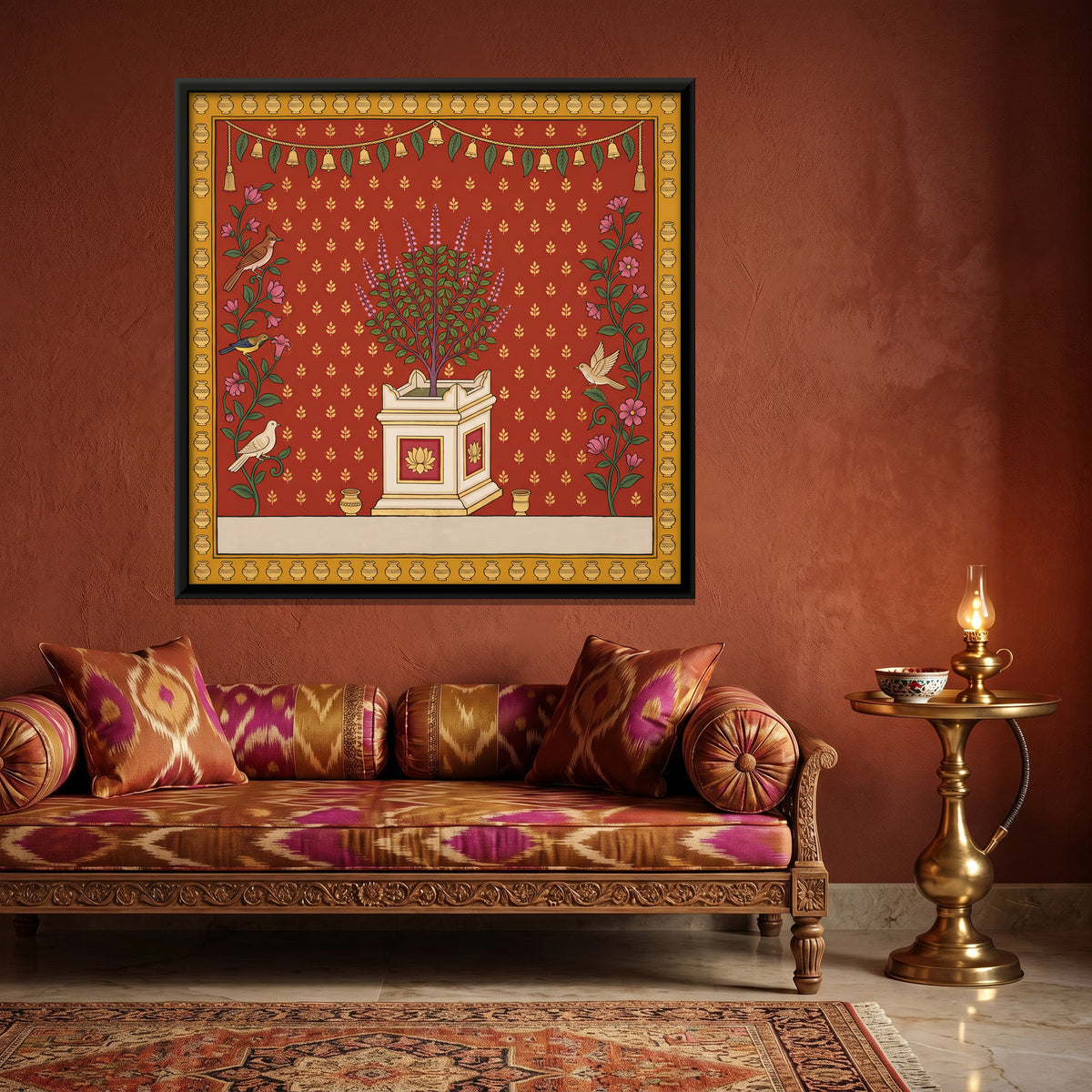 Tulsi Plant in a Shrine - canvas art shown in a second room setting