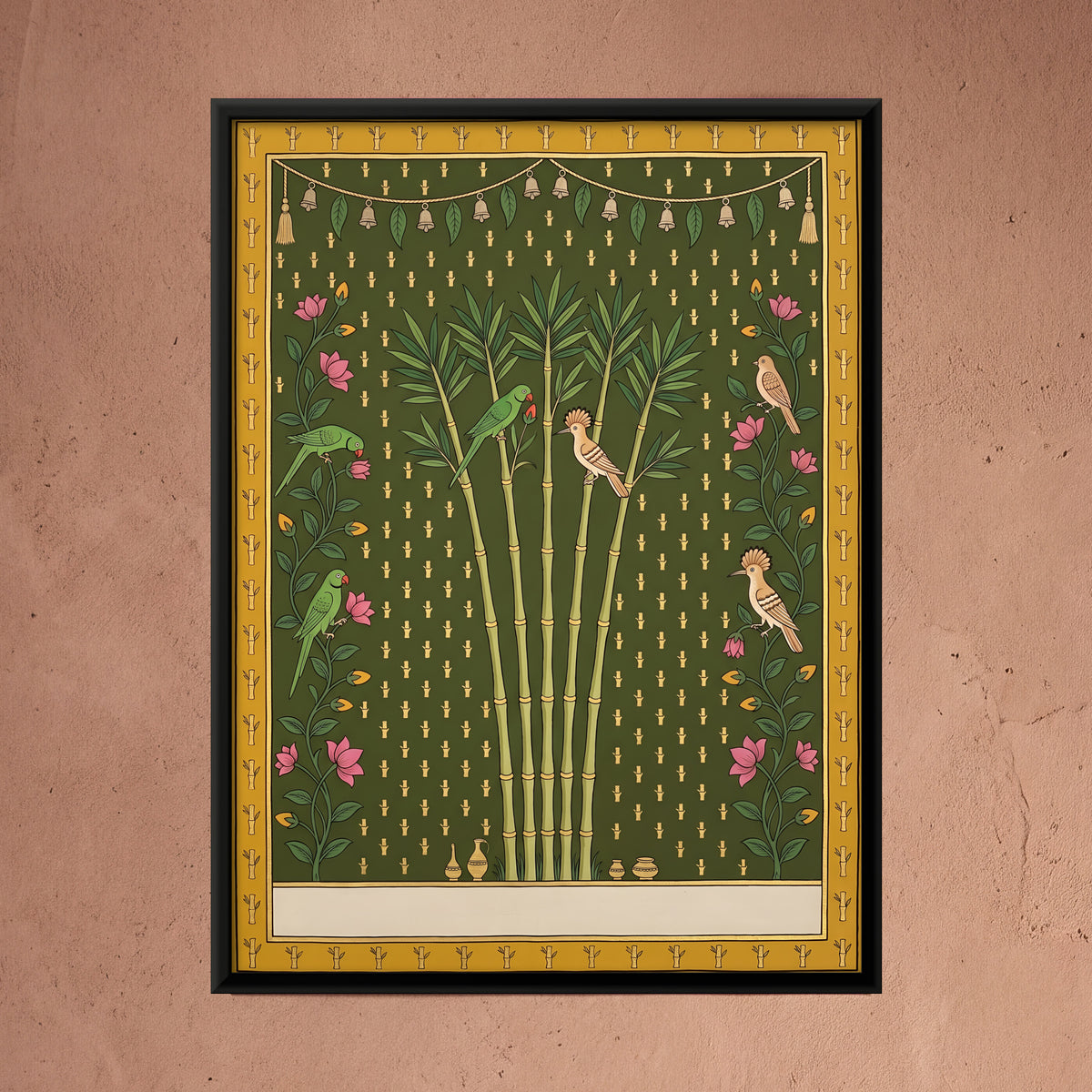 Bamboo Grove with Parrots - framed canvas art hung on a wall