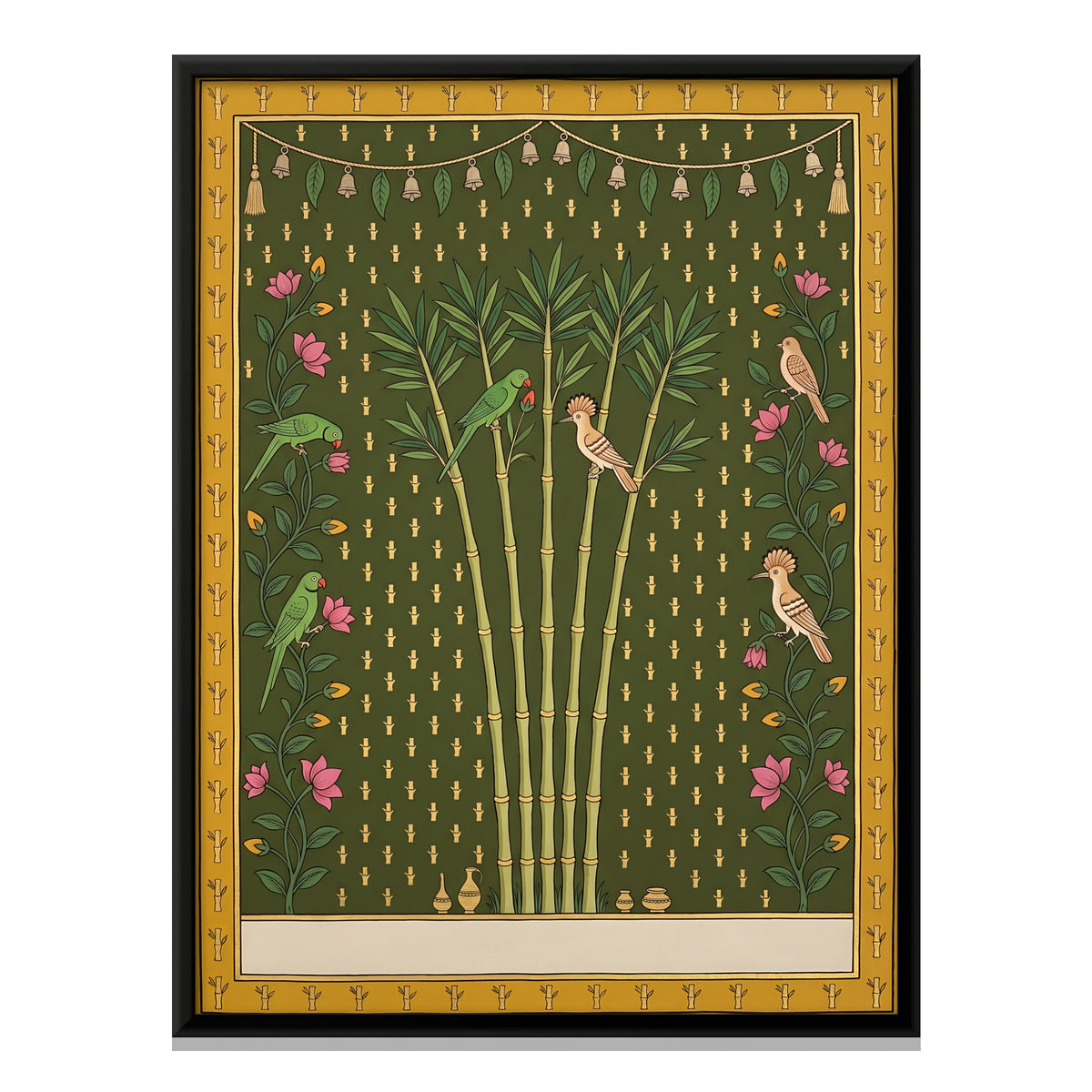 Bamboo Grove with Parrots - framed canvas print, front view