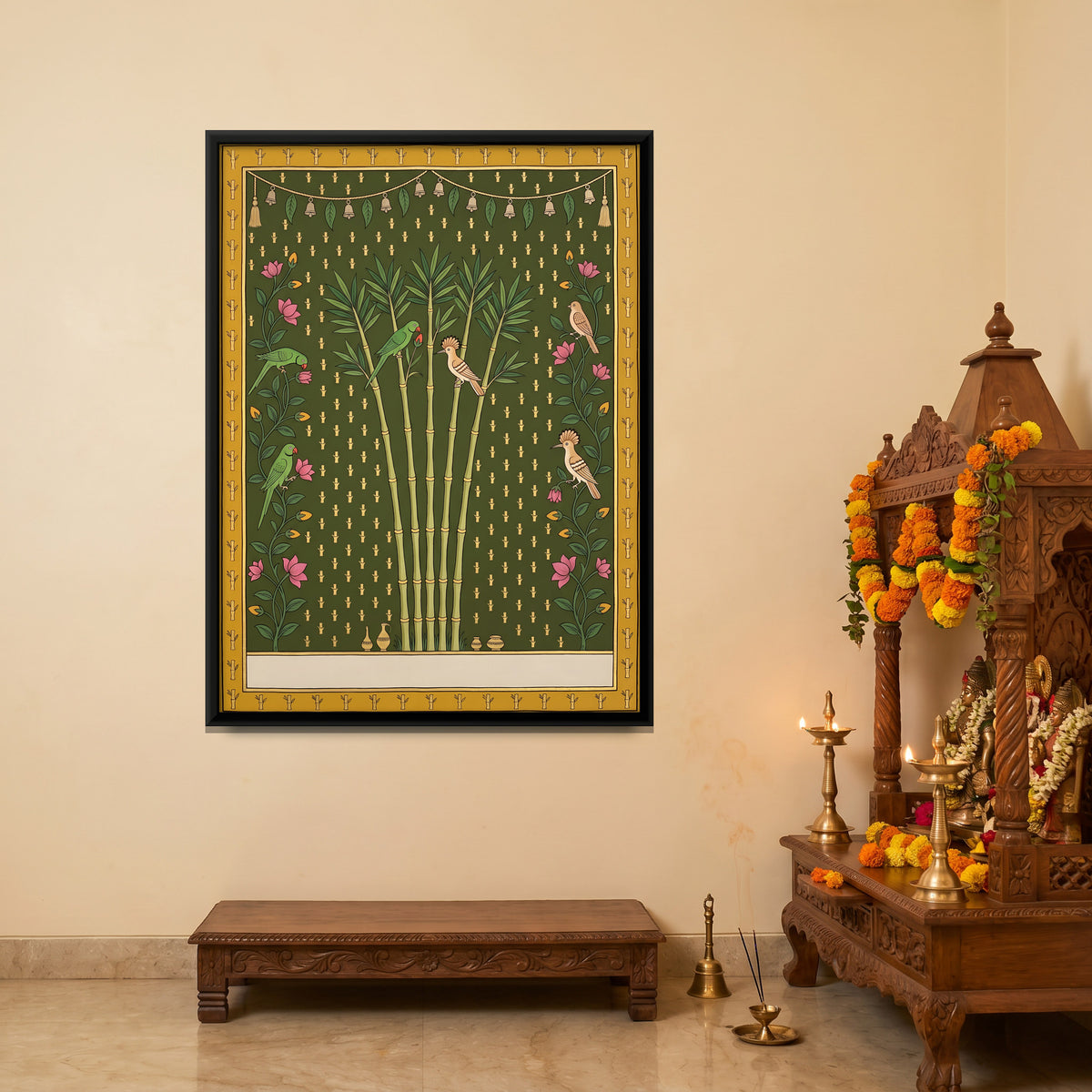 Bamboo Grove with Parrots - canvas art shown in a styled room