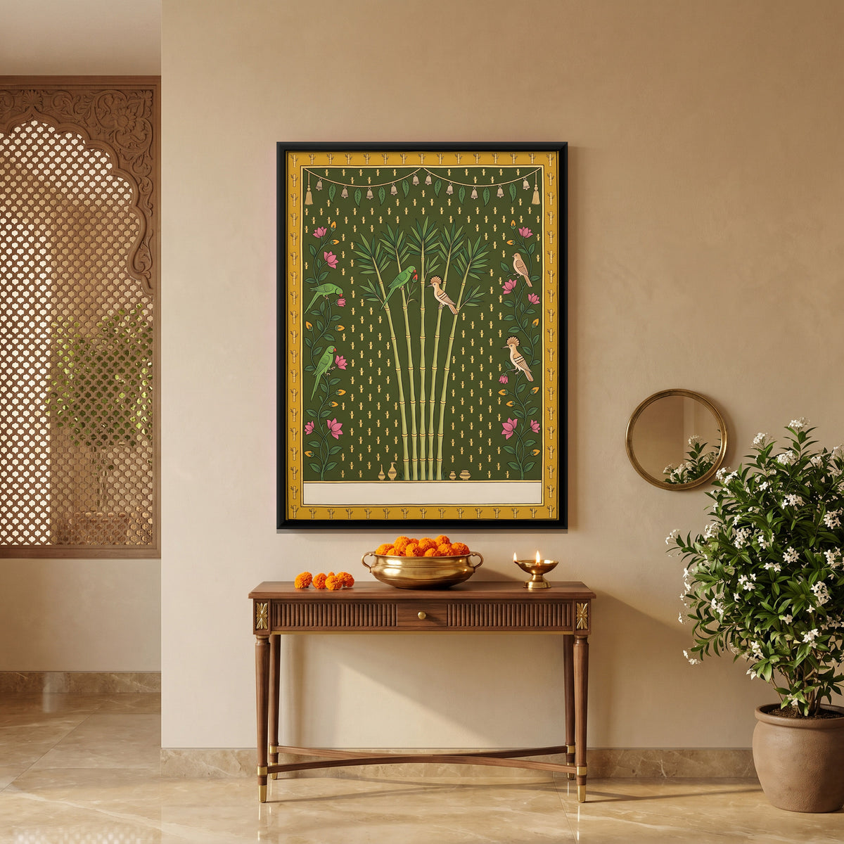 Bamboo Grove with Parrots - canvas art shown in a second room setting