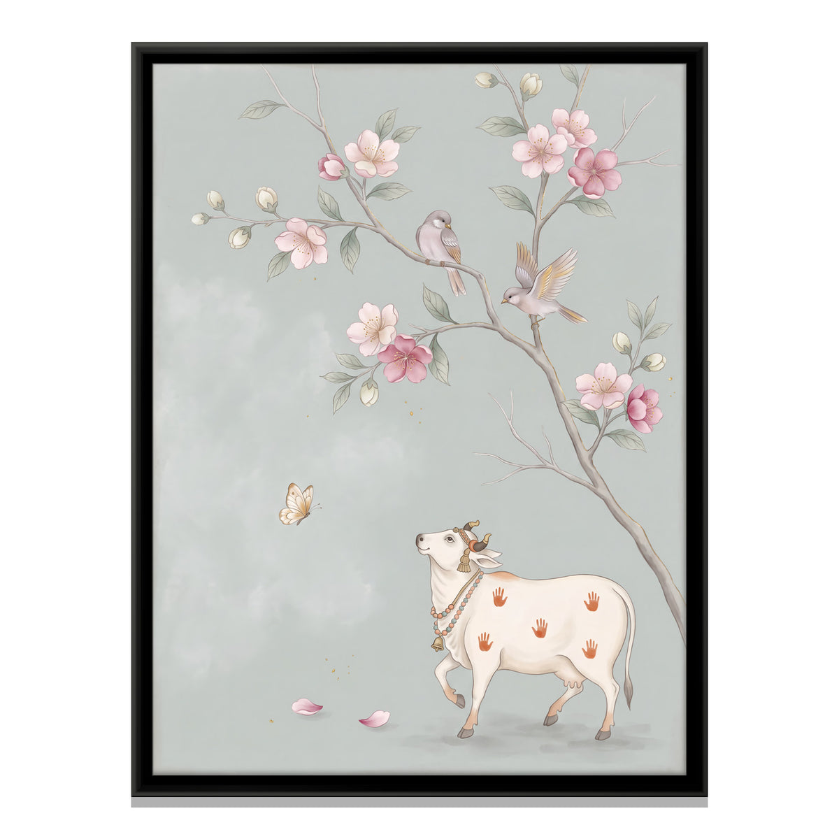 Gau Mata Beneath a Blossom Branch - framed canvas print, front view