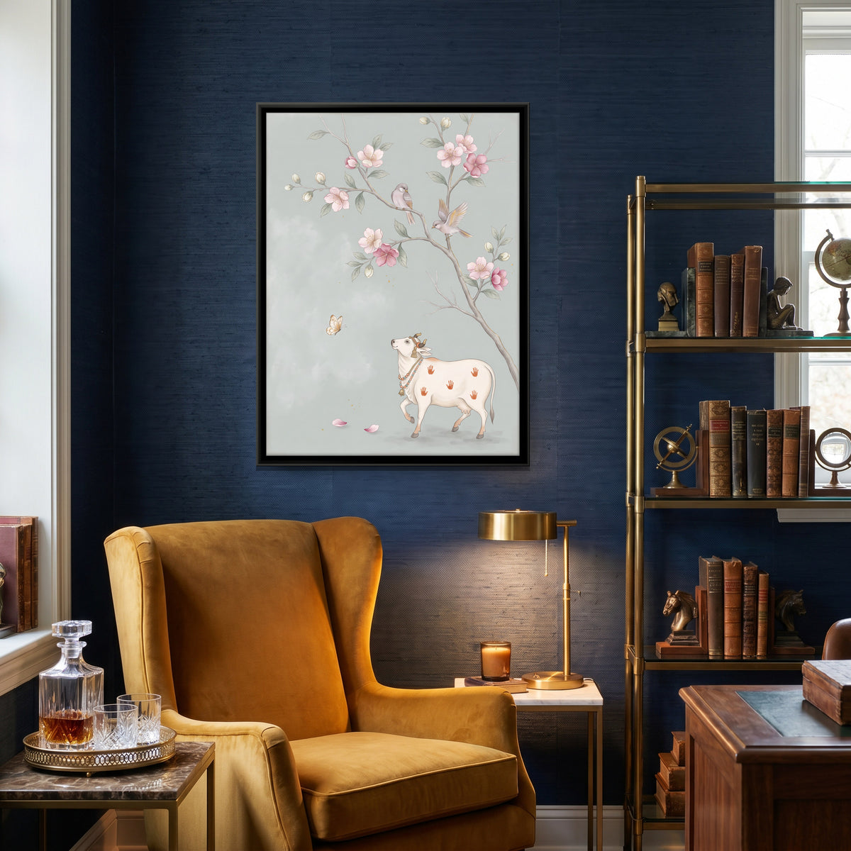 Gau Mata Beneath a Blossom Branch - canvas art shown in a styled room