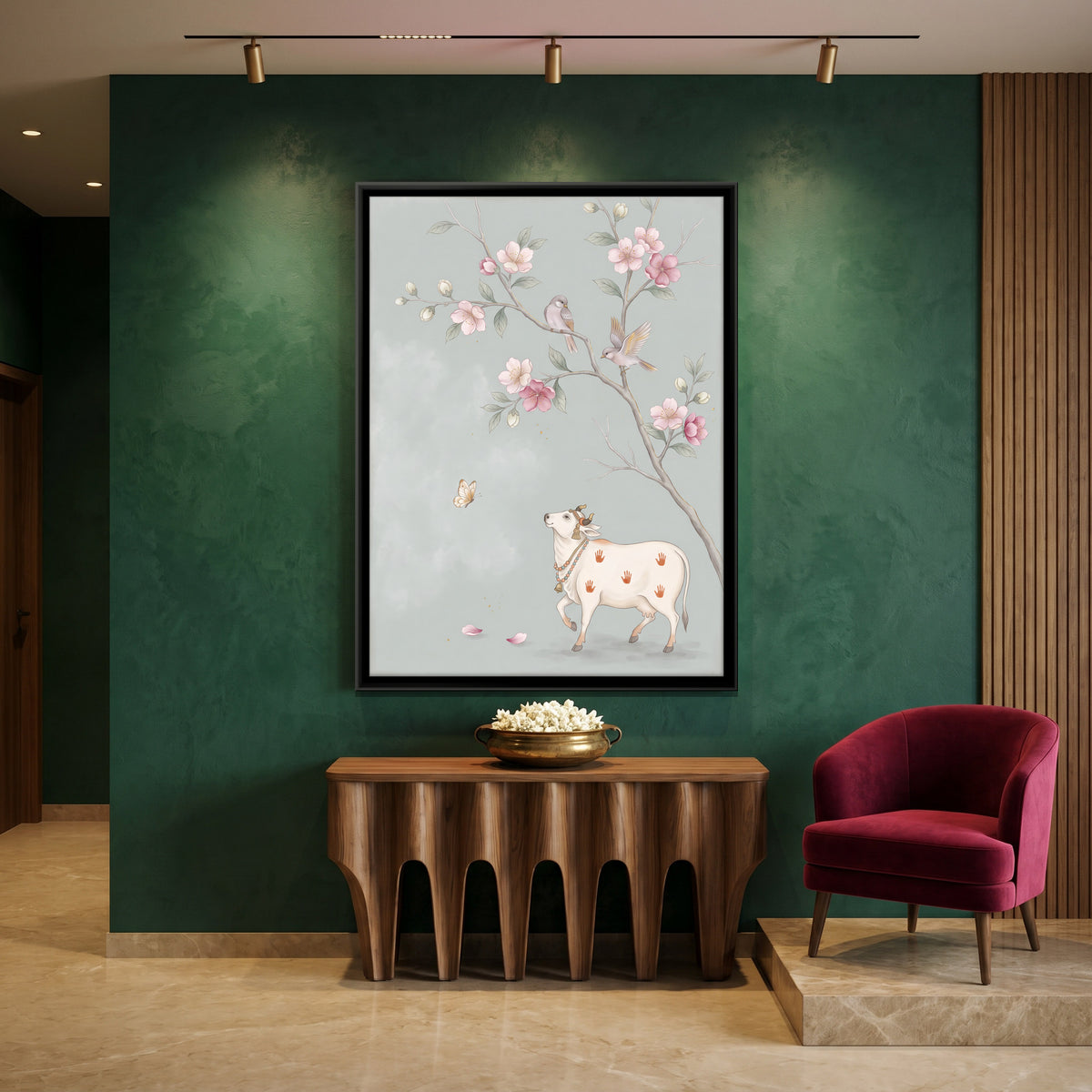 Gau Mata Beneath a Blossom Branch - canvas art shown in a second room setting