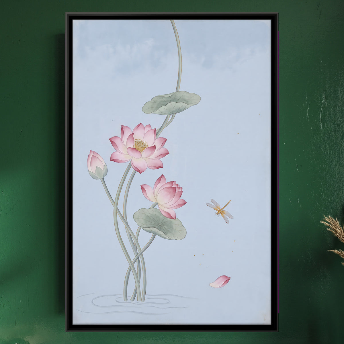 Lotus Blooms in Still Water - framed canvas art hung on a wall