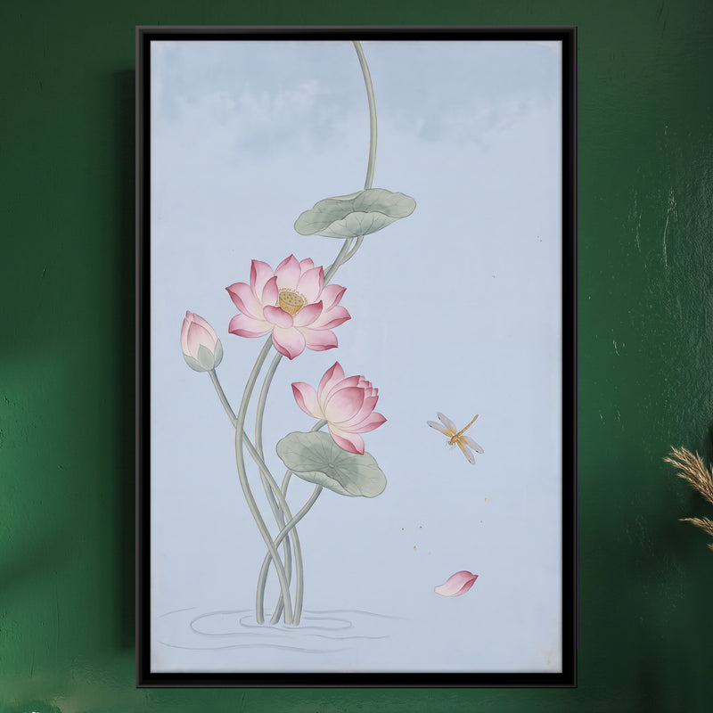 Lotus Blooms in Still Water - framed canvas art hung on a wall