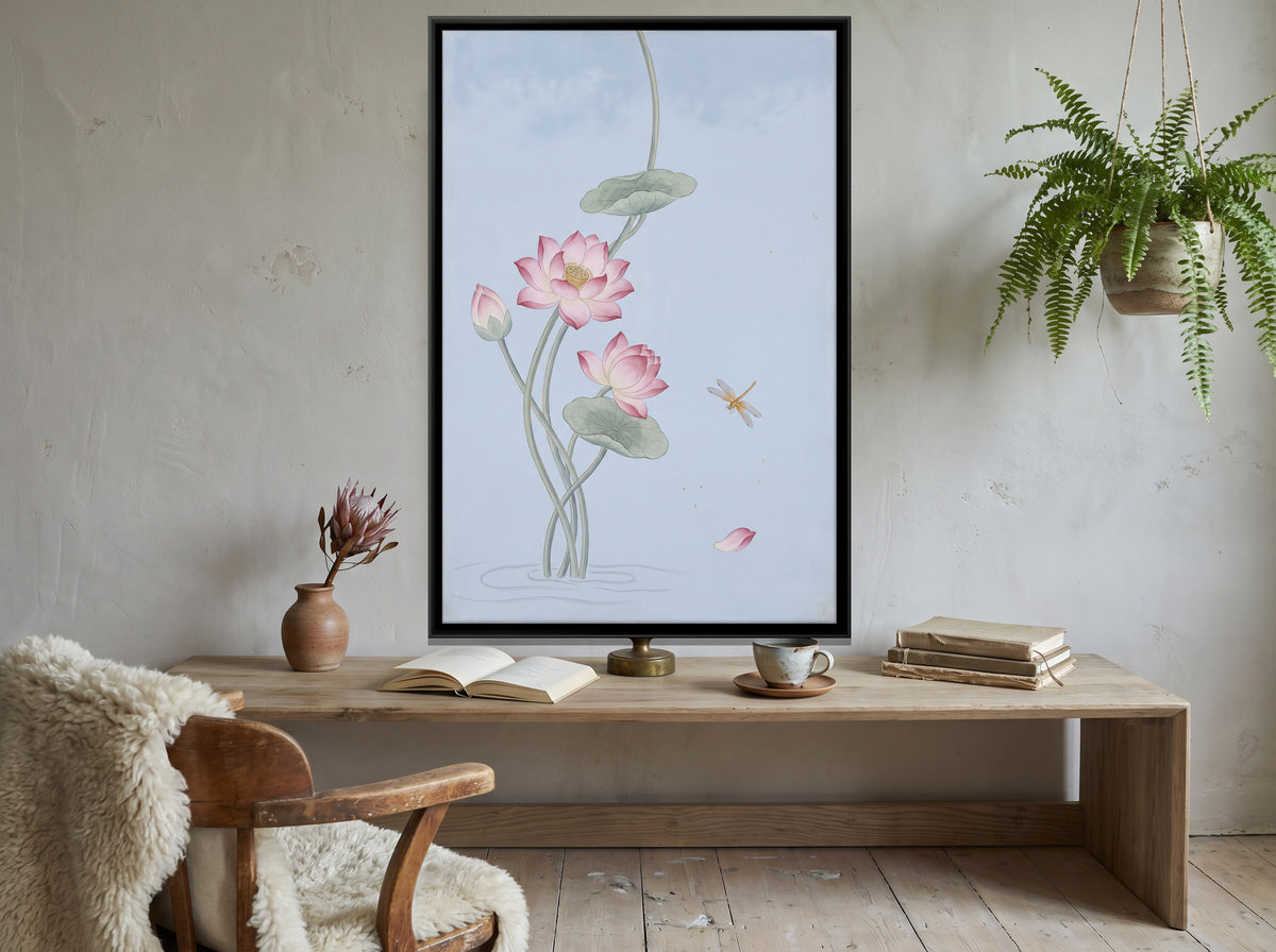 Lotus Blooms in Still Water - canvas art shown in a styled room