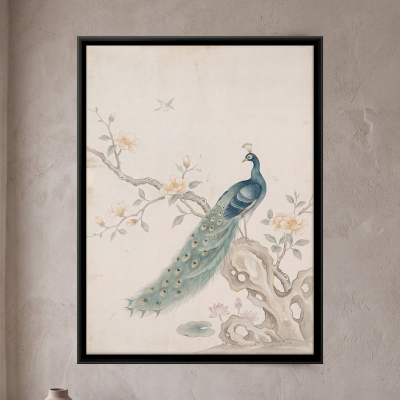 Peacock on a Garden Rock - framed canvas art hung on a wall