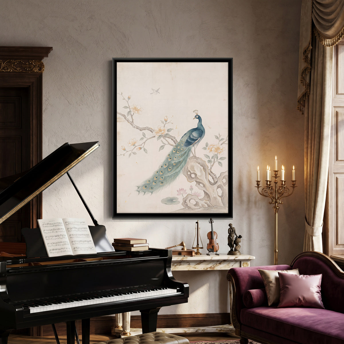 Peacock on a Garden Rock - canvas art shown in a second room setting