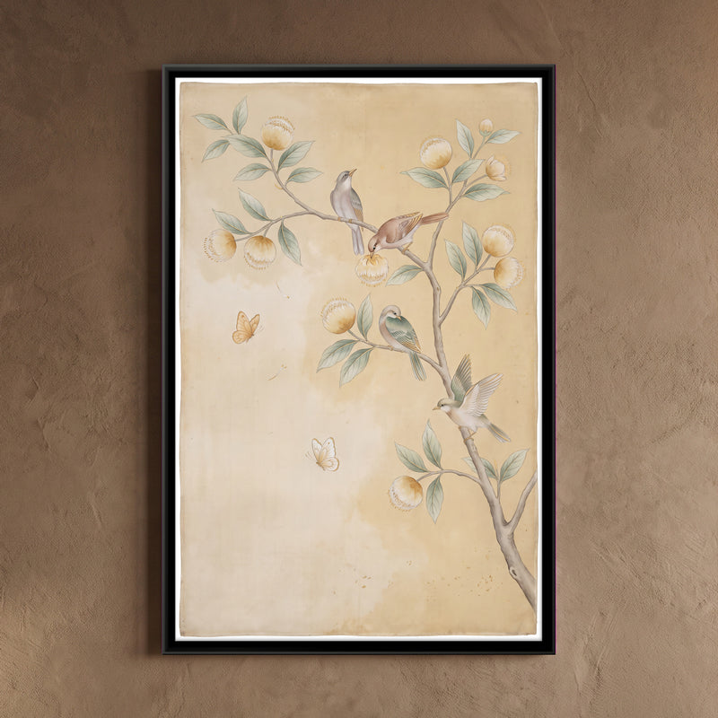 Birds on a Kadamba Branch - framed canvas art hung on a wall