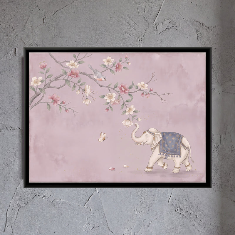 Elephant Beneath a Blossom Branch - framed canvas art hung on a wall