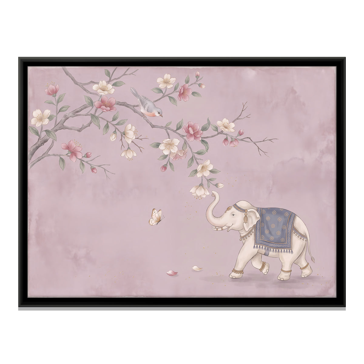 Elephant Beneath a Blossom Branch - framed canvas print, front view