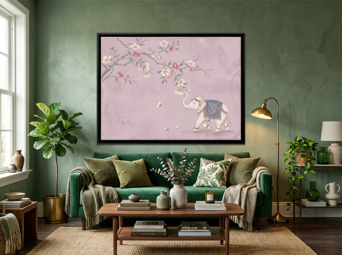 Elephant Beneath a Blossom Branch - canvas art shown in a styled room