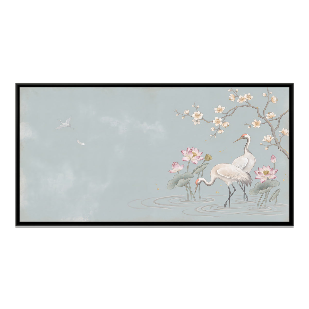 Cranes in a Lotus Pond - framed canvas print, front view