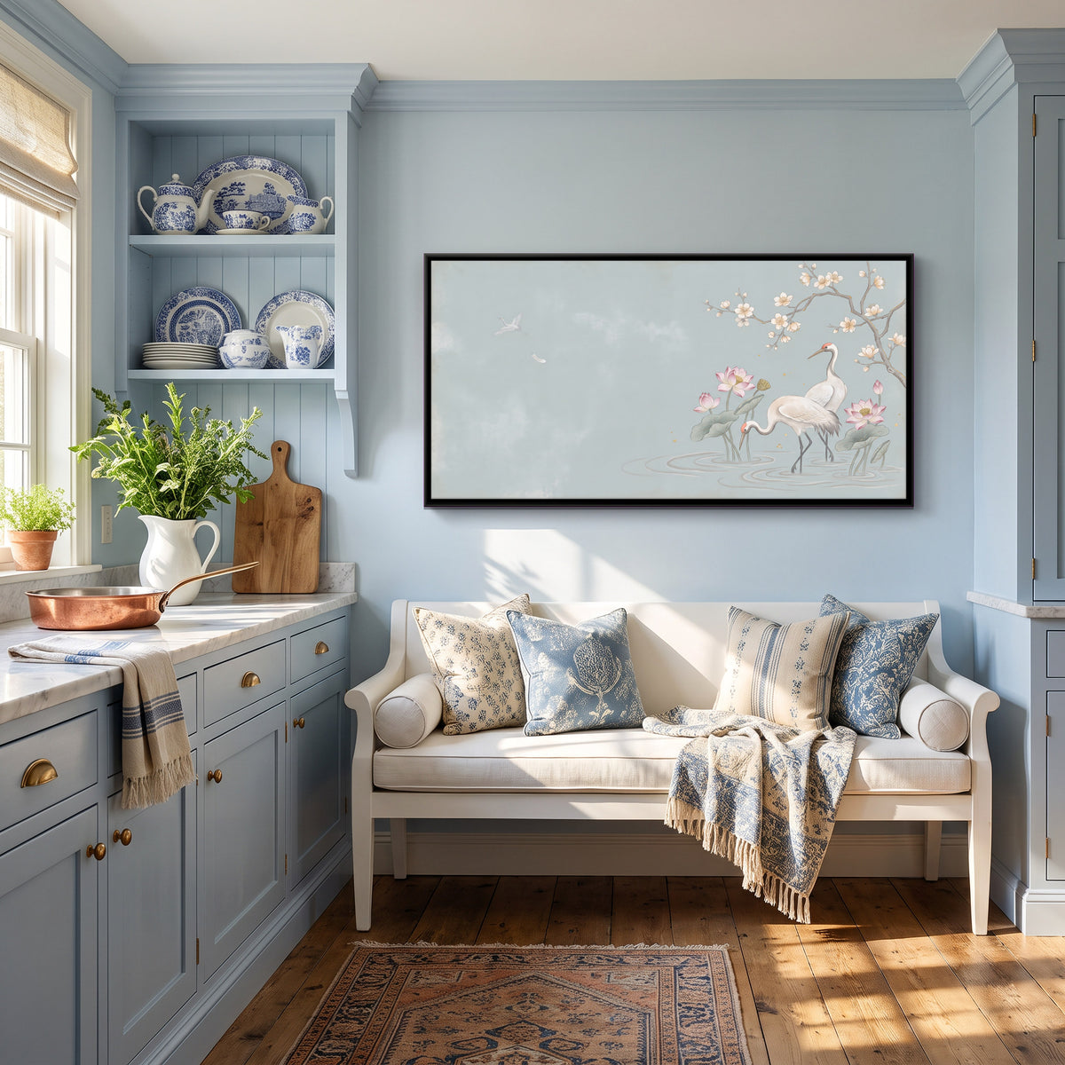 Cranes in a Lotus Pond - canvas art shown in a second room setting