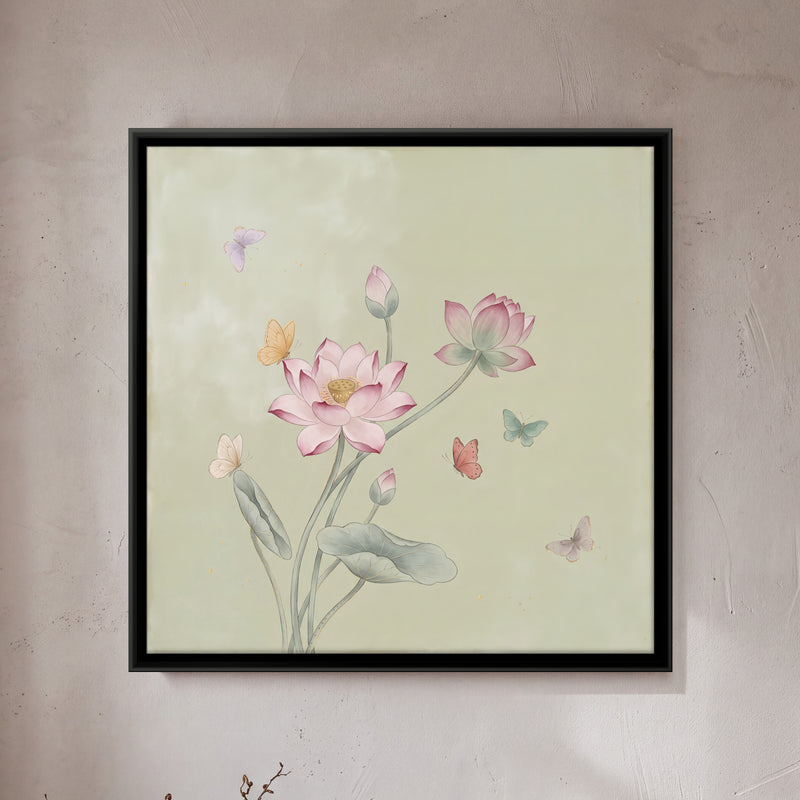 Lotus and Butterflies - framed canvas art hung on a wall