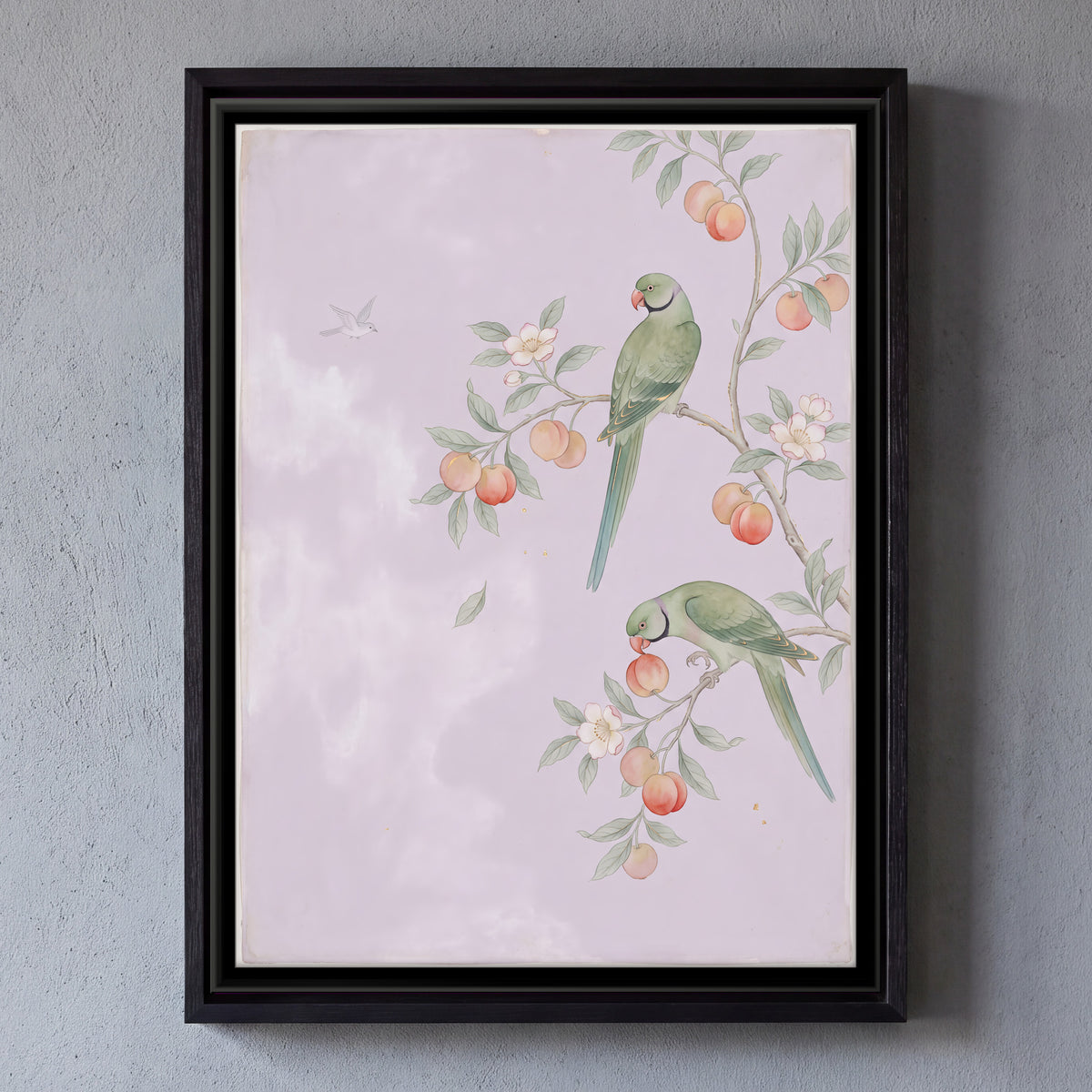 Parakeets on a Fruiting Branch - framed canvas art hung on a wall