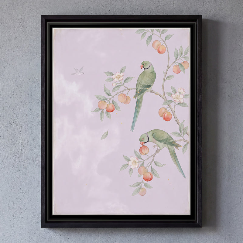 Parakeets on a Fruiting Branch - framed canvas art hung on a wall