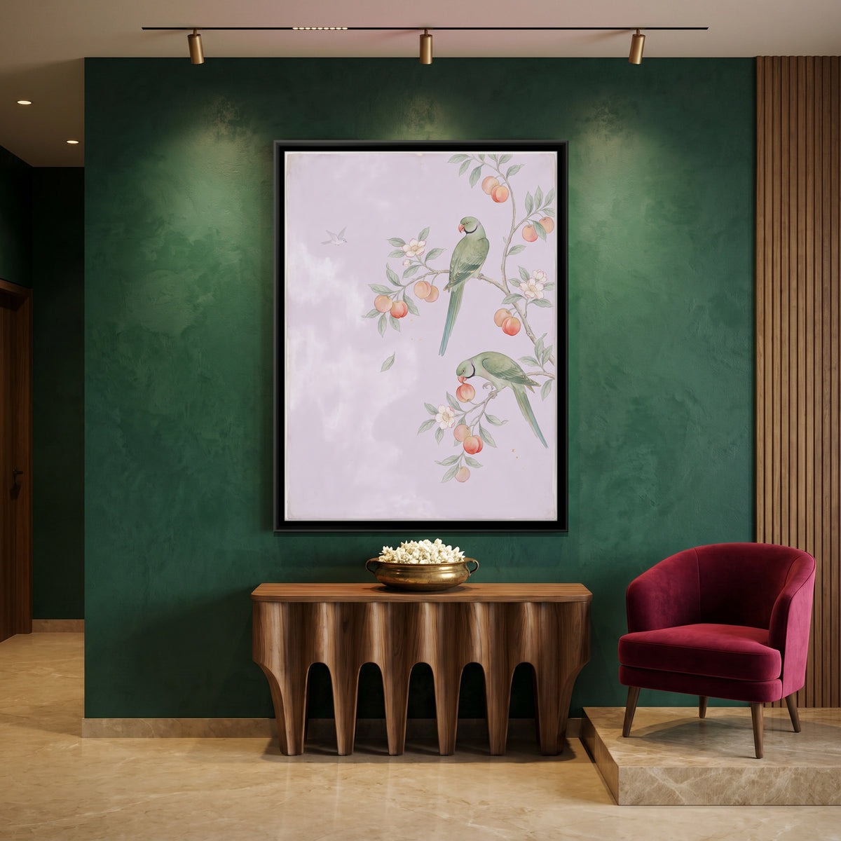 Parakeets on a Fruiting Branch - canvas art shown in a second room setting