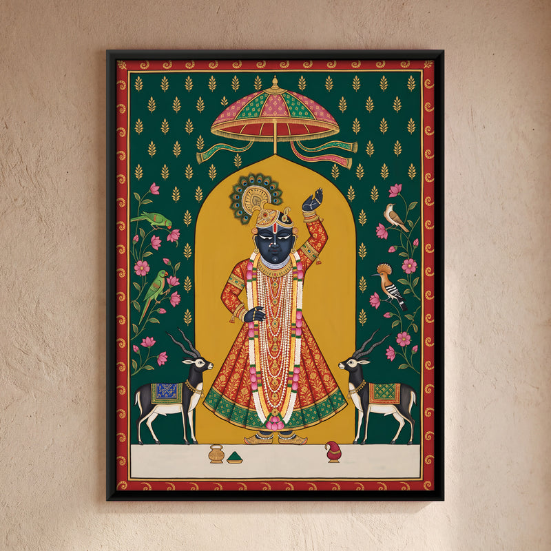 Shrinathji with Blackbuck - framed canvas art hung on a wall