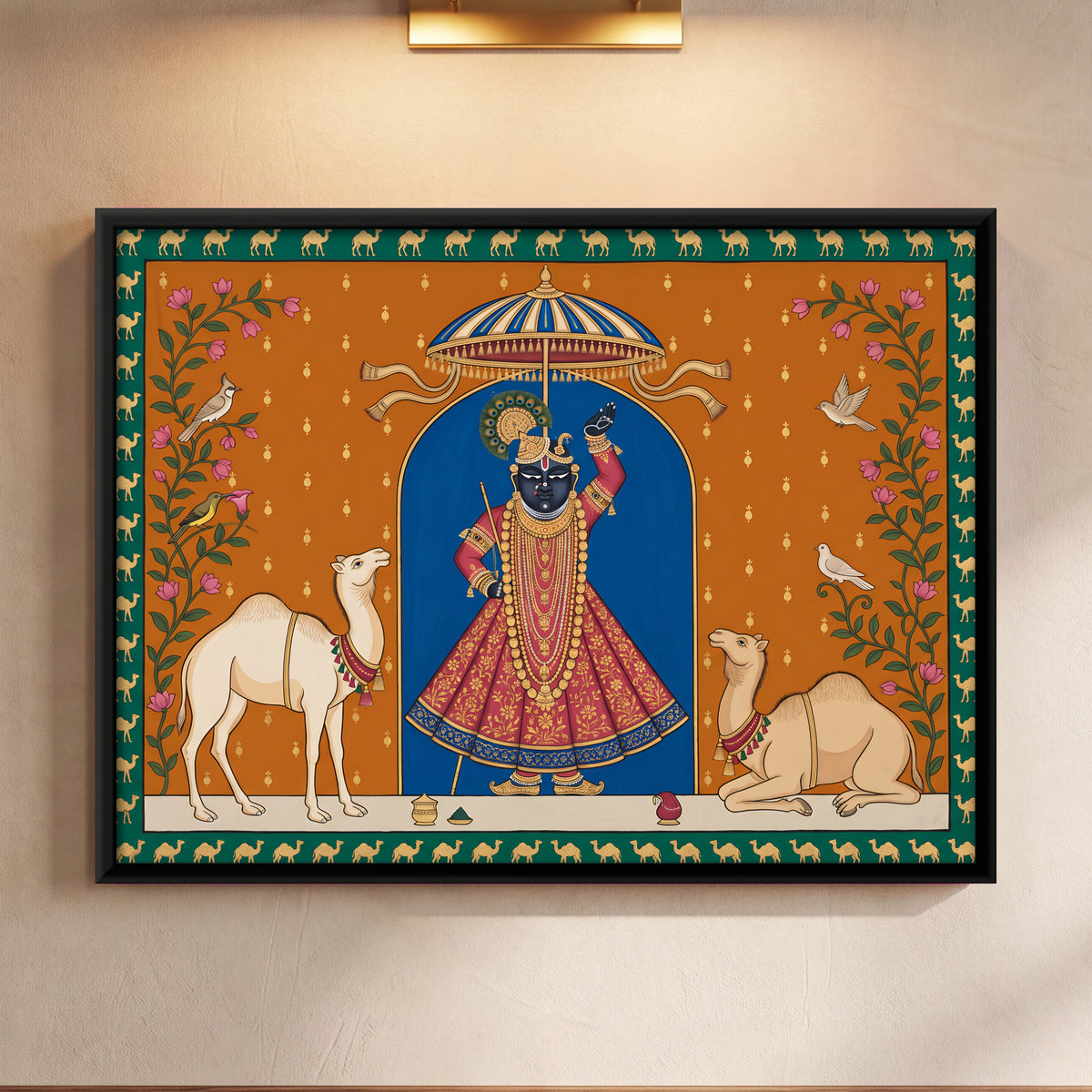 Shrinathji with Camels - framed canvas art hung on a wall