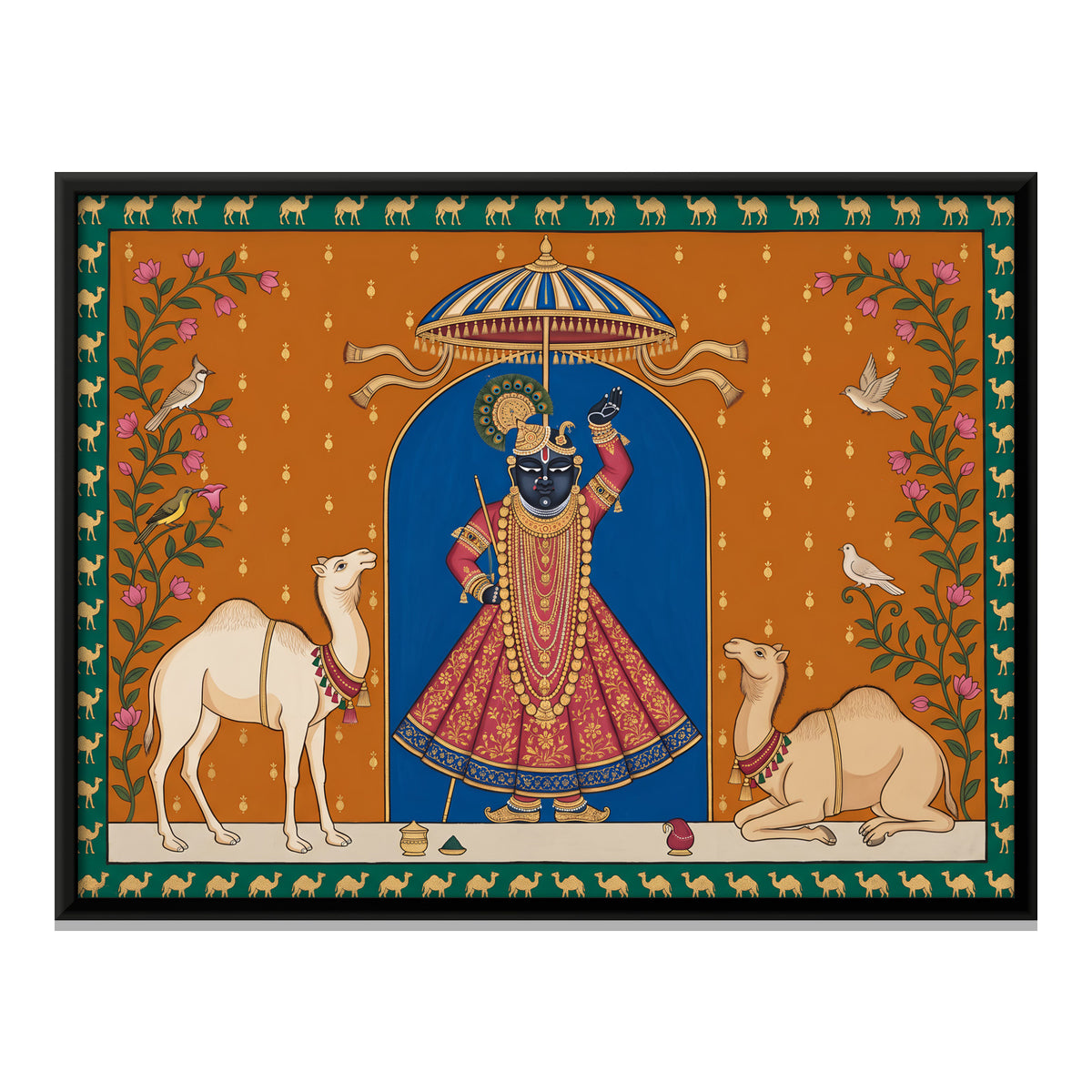 Shrinathji with Camels - framed canvas print, front view