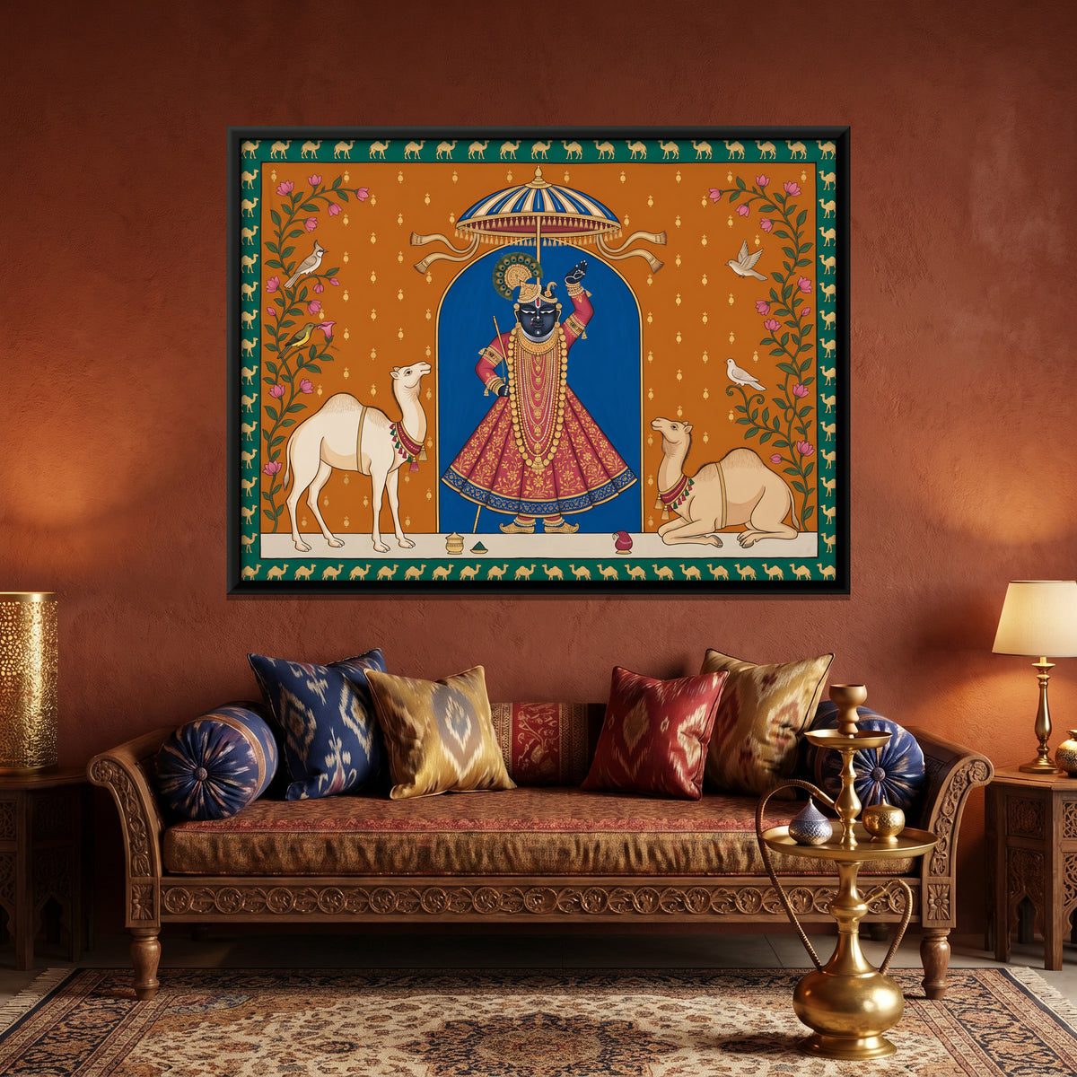 Shrinathji with Camels - canvas art shown in a second room setting