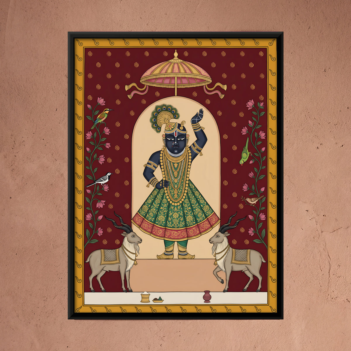 Shrinathji with Spiral-Horned Goats - framed canvas art hung on a wall