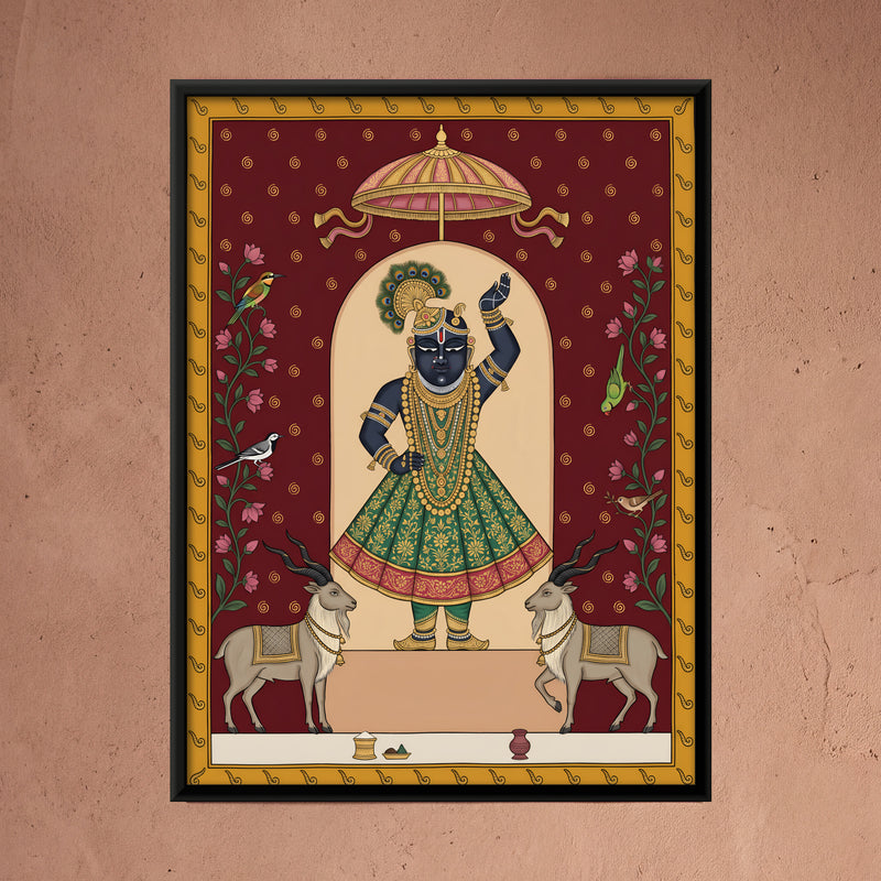 Shrinathji with Spiral-Horned Goats - framed canvas art hung on a wall