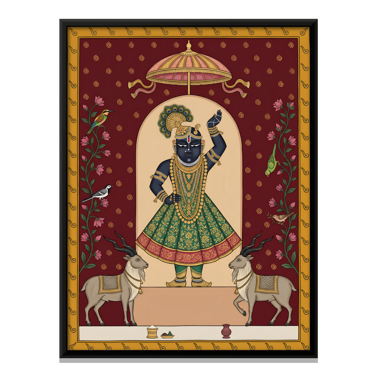 Shrinathji with Spiral-Horned Goats - framed canvas print, front view