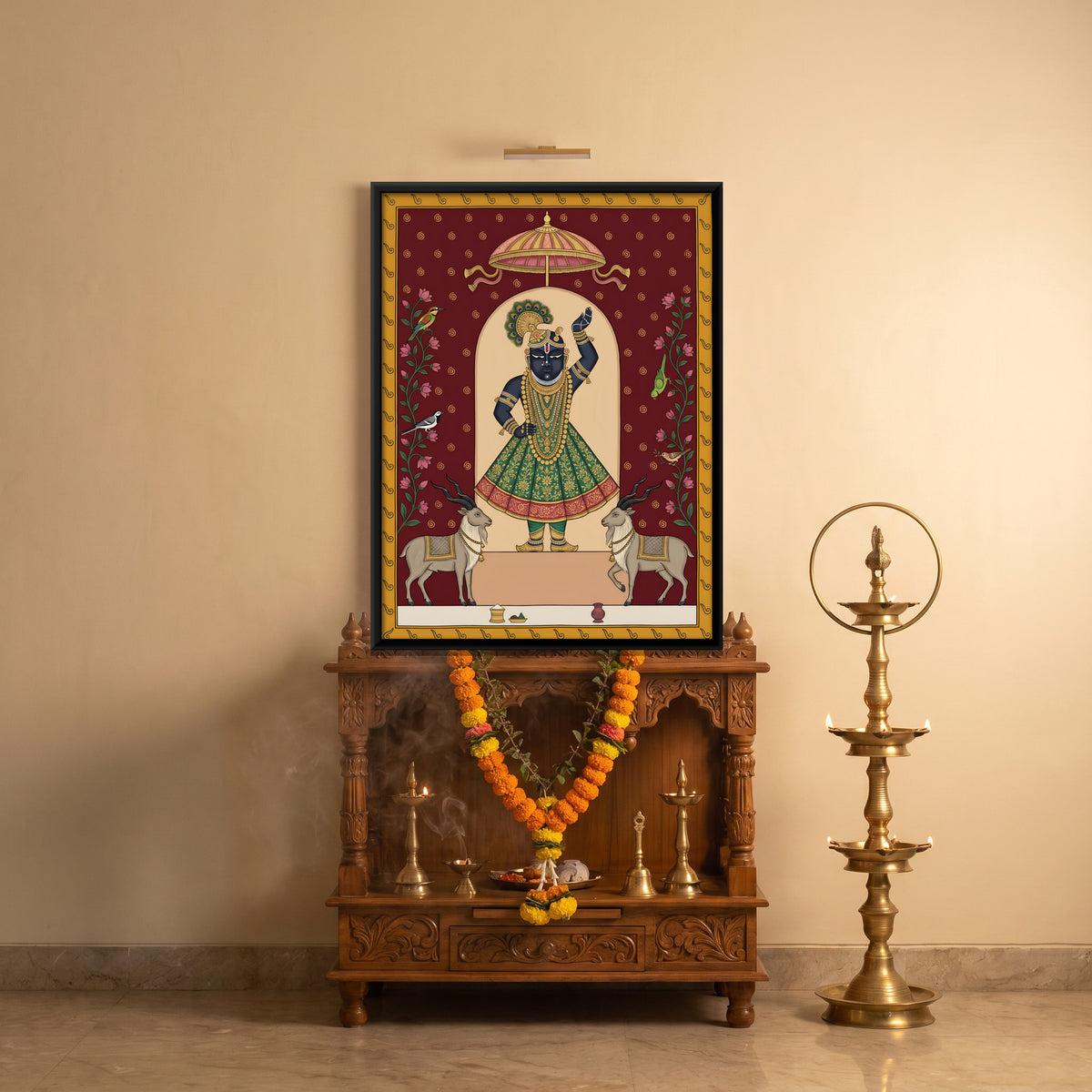 Shrinathji with Spiral-Horned Goats - canvas art shown in a styled room