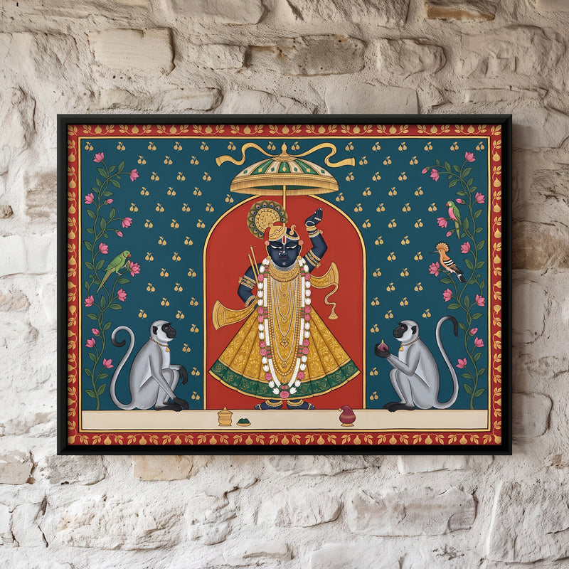 Shrinathji with Langurs - framed canvas art hung on a wall