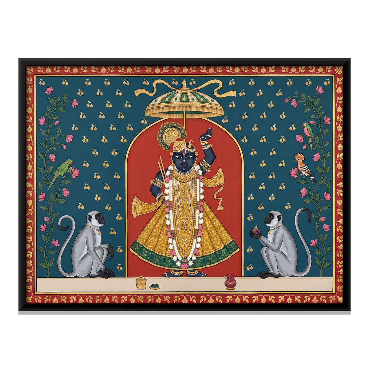 Shrinathji with Langurs - framed canvas print, front view