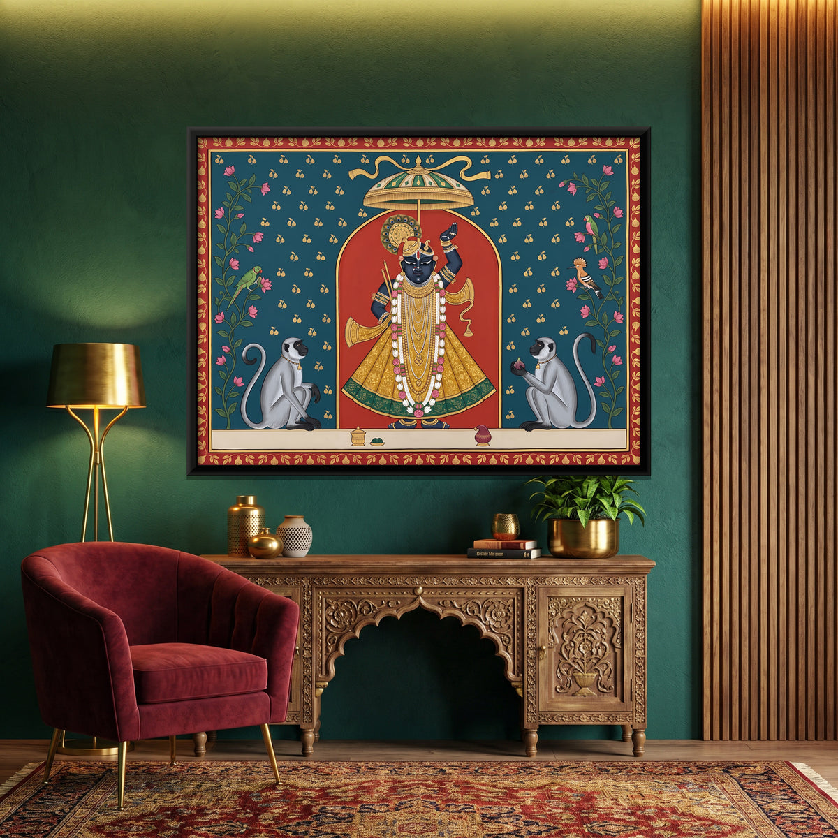 Shrinathji with Langurs - canvas art shown in a styled room