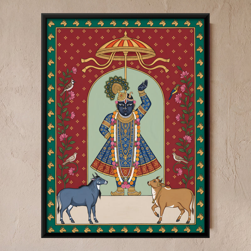 Shrinathji with Nilgai and Cow - framed canvas art hung on a wall
