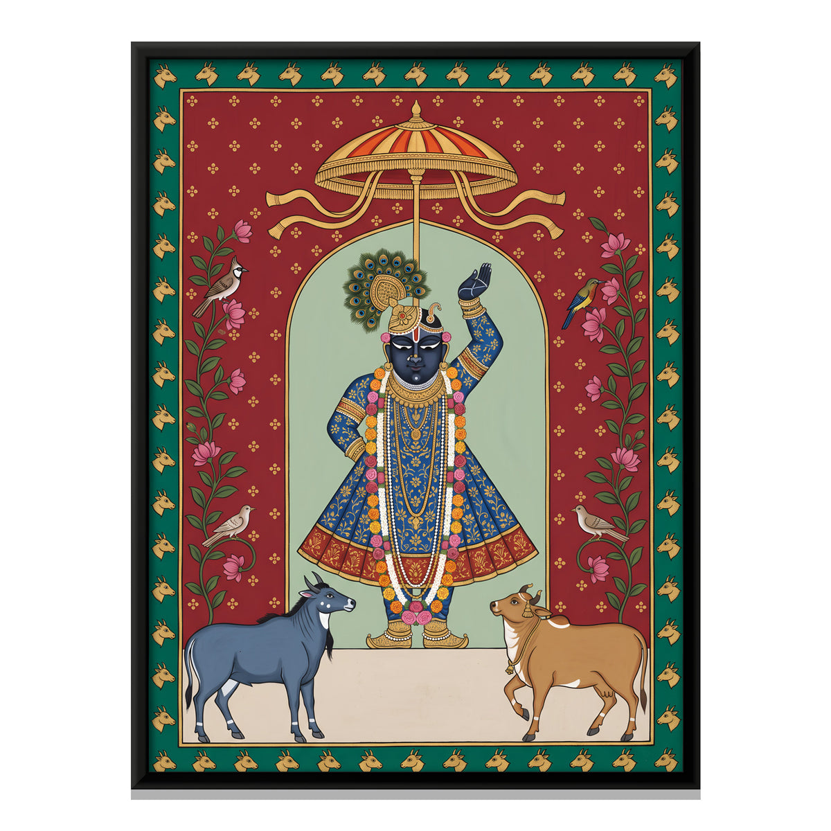 Shrinathji with Nilgai and Cow - framed canvas print, front view